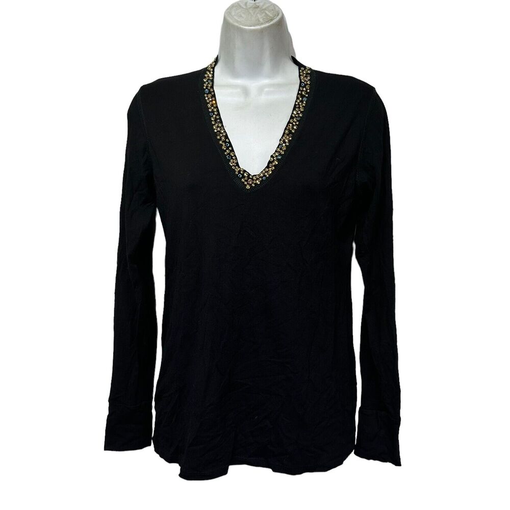 bejeweled susan fixel long sleeve v neck gold studded blouse Size L